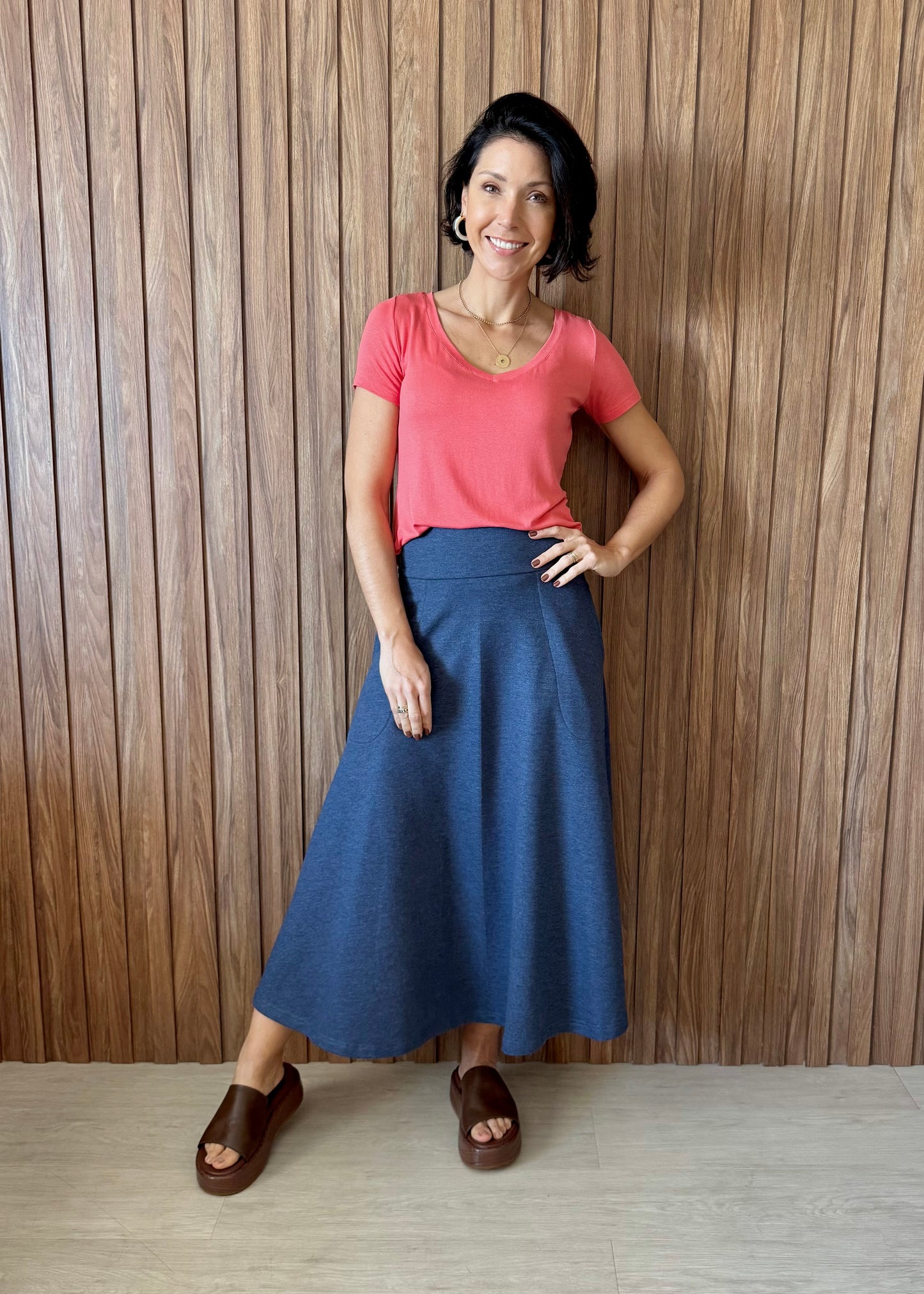 Saia Rodada Moletom com bolsos (Azul Jeans)
