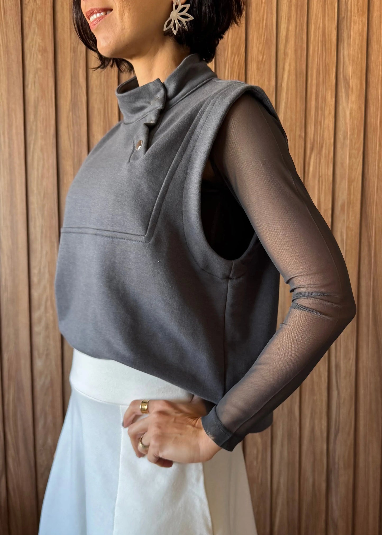 Blusa Manga Longa em Tule Cinza - Maira da Mai Style
