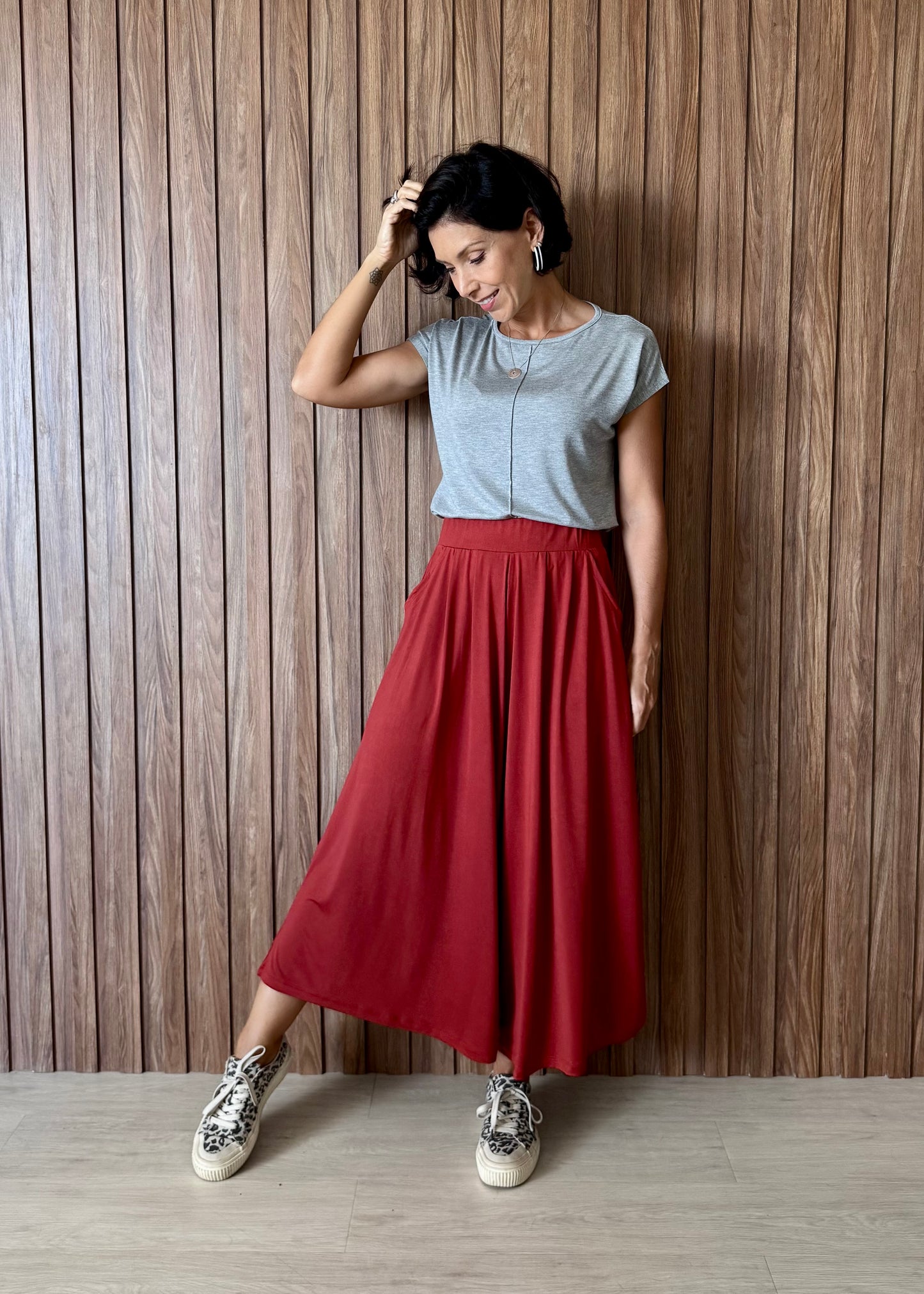 Calça Pantalona com bolsos em malha fria - Terracota
