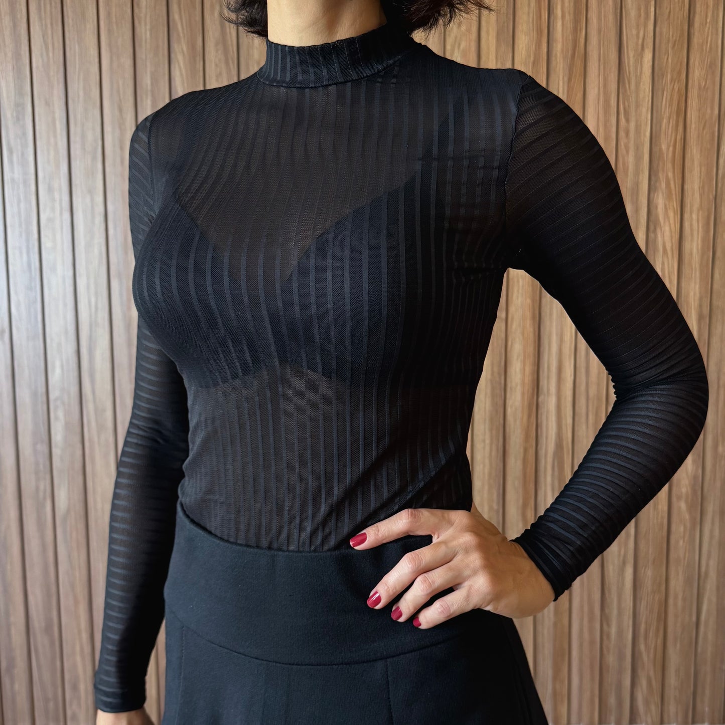 Blusa Manga Longa em Tule Listrada Preta