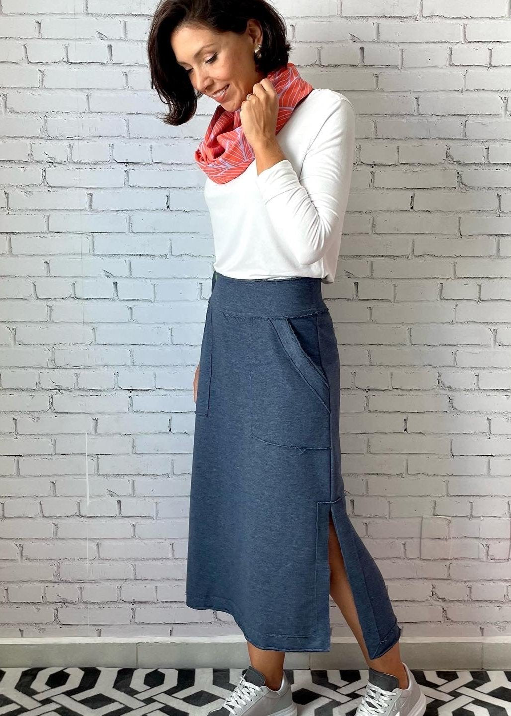 Saia Reta Moletom com bolsos (Azul Jeans)