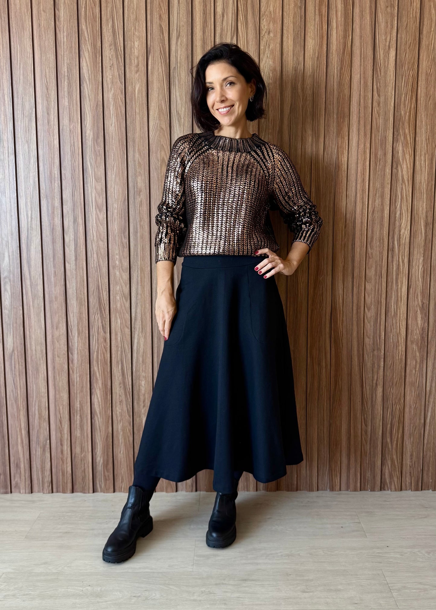 Blusa tricô metalizado ouro velho