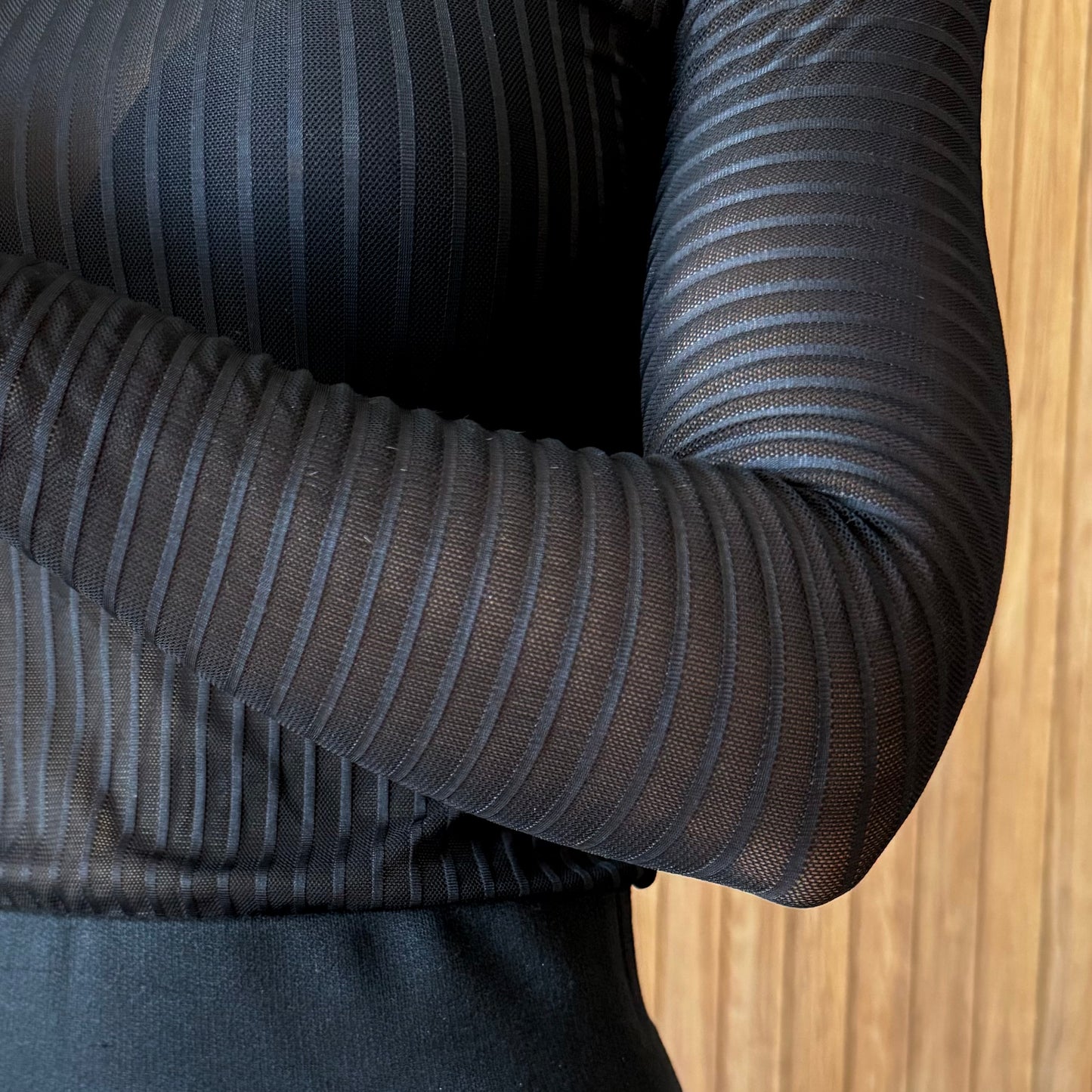 Blusa Manga Longa em Tule Listrada Preta