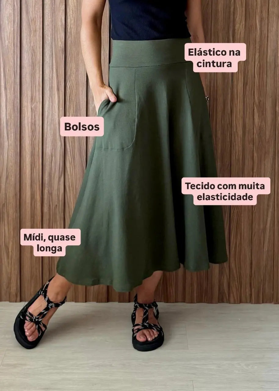 Saia Rodada com bolsos em Moletinho com Elastano (Verde Militar) - Maira da Mai Style