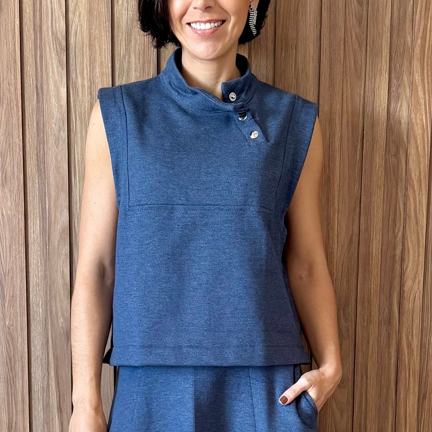 Colete Moletom com botões - Azul Jeans
