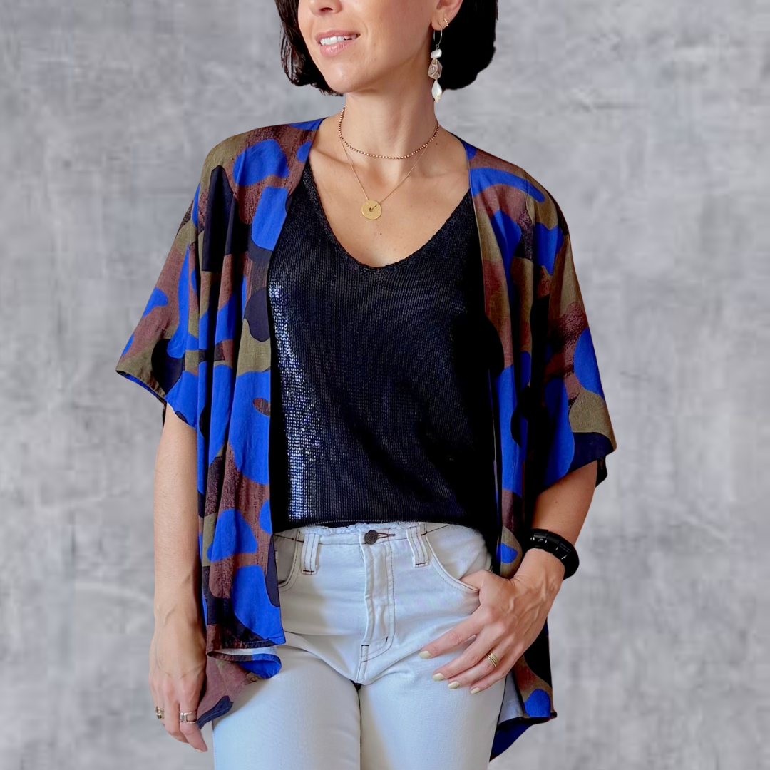 Kimono em Viscose Camuflagem Urbano Azul