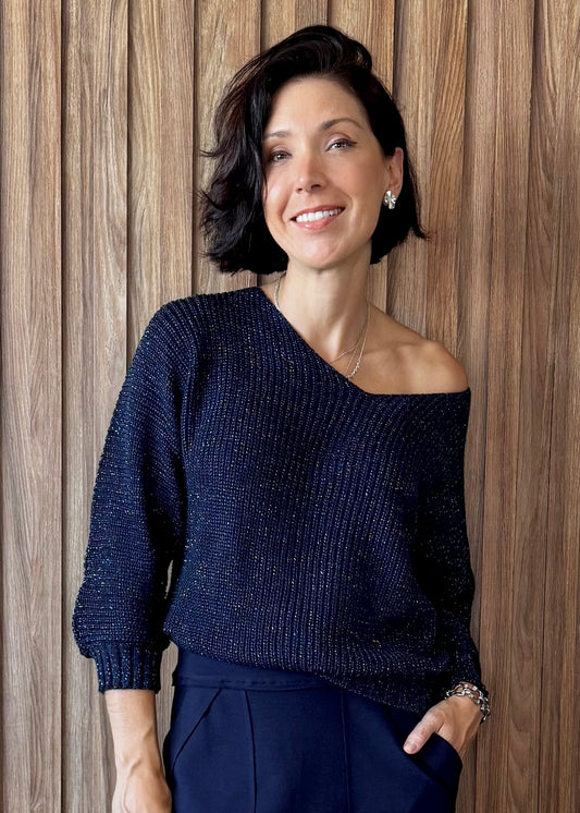 Blusa Tricô lurex manga morcego gola V - Marinho