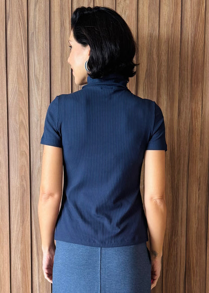 Gola Alta Canelada Manga Curta Azul Marinho
