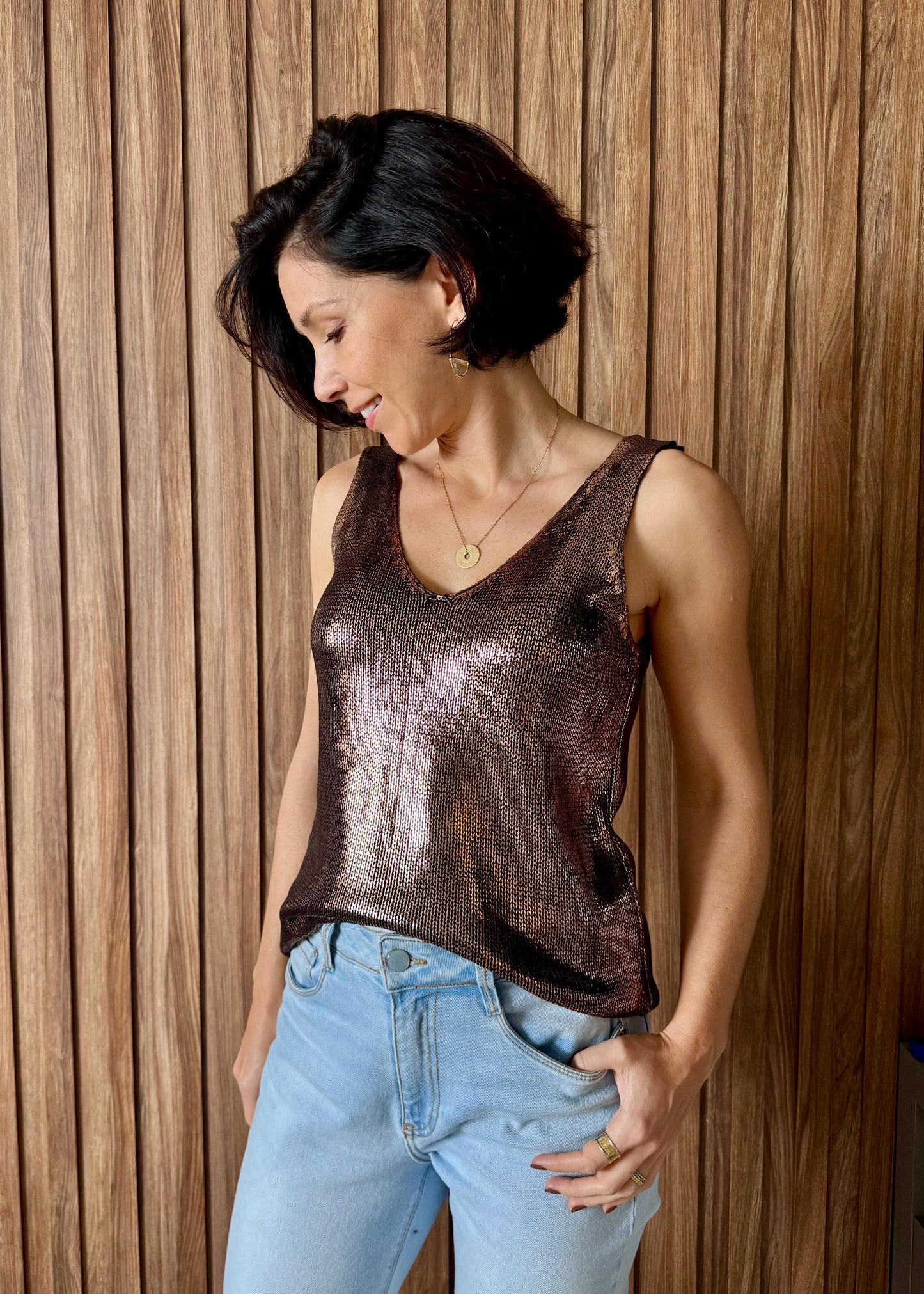 Blusa Regata Tricot Metalizado - Cobre
