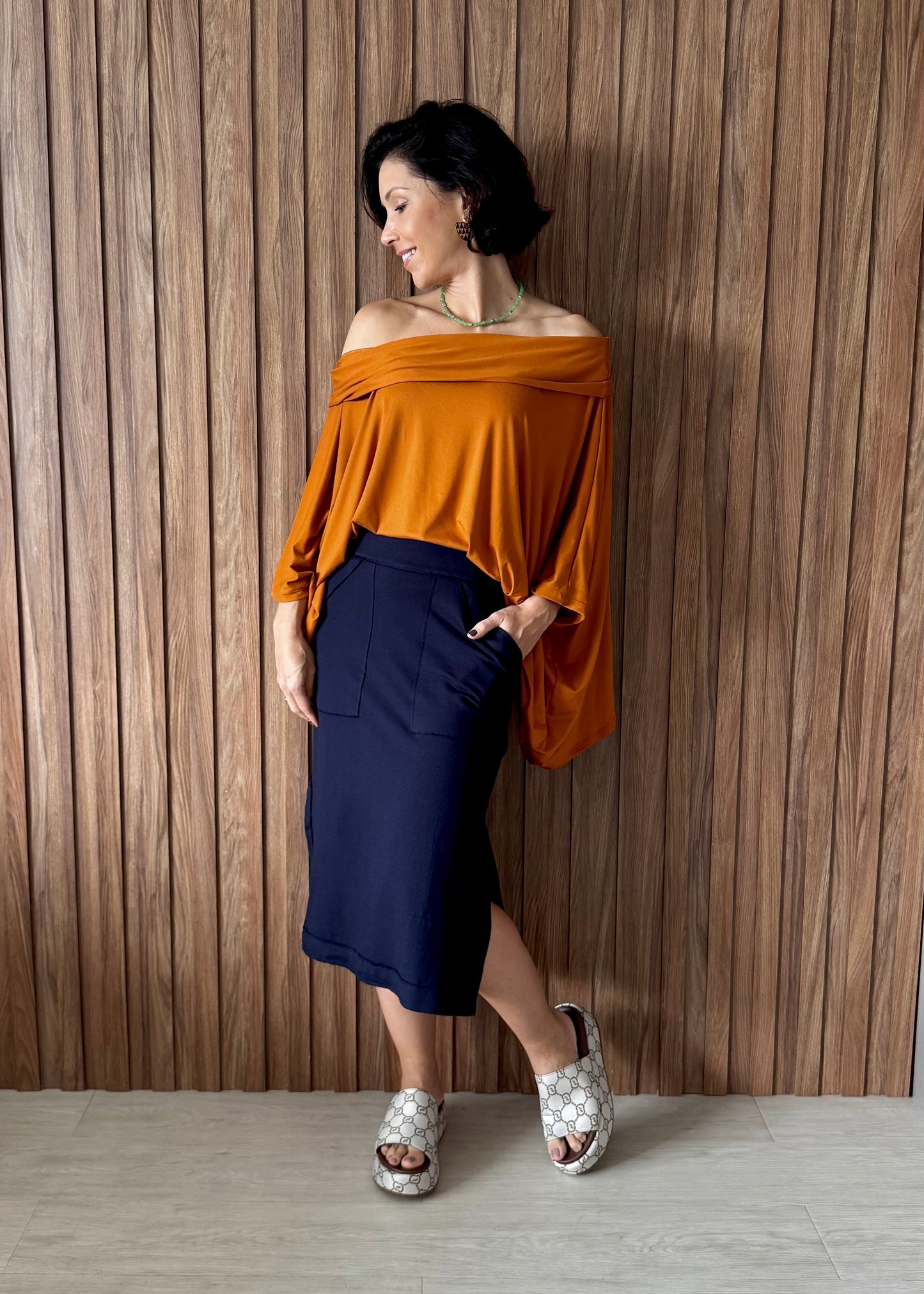 Saia Reta Moletinho com elastano (Azul Marinho)