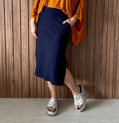 Saia Reta Moletinho com elastano (Azul Marinho)