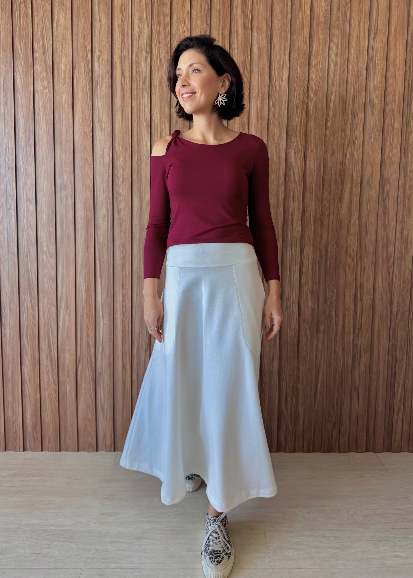 Blusa manga longa com detalhe nó ombro em viscolycra - Vinho - Maira da Mai Style