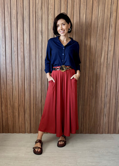 Calça Pantalona com bolsos em malha fria - Terracota