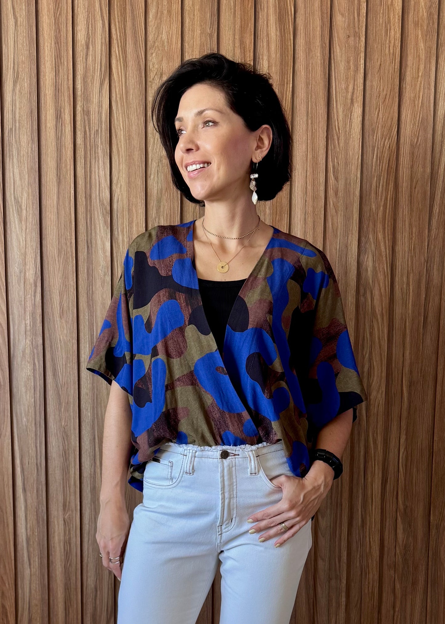 Kimono em Viscose Camuflagem Urbano Azul