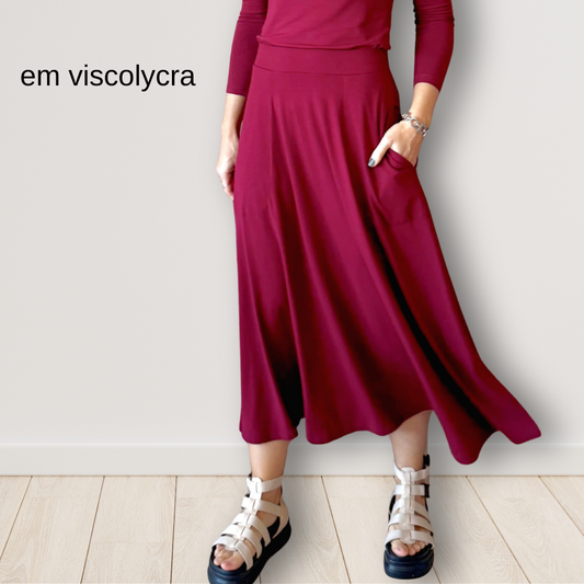 Saia Rodada em Viscolycra com bolsos (Vinho)