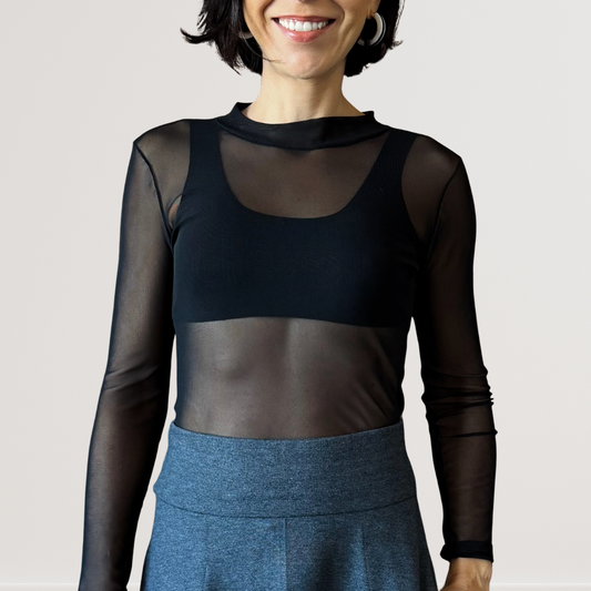 Blusa Manga Longa em Tule Preta