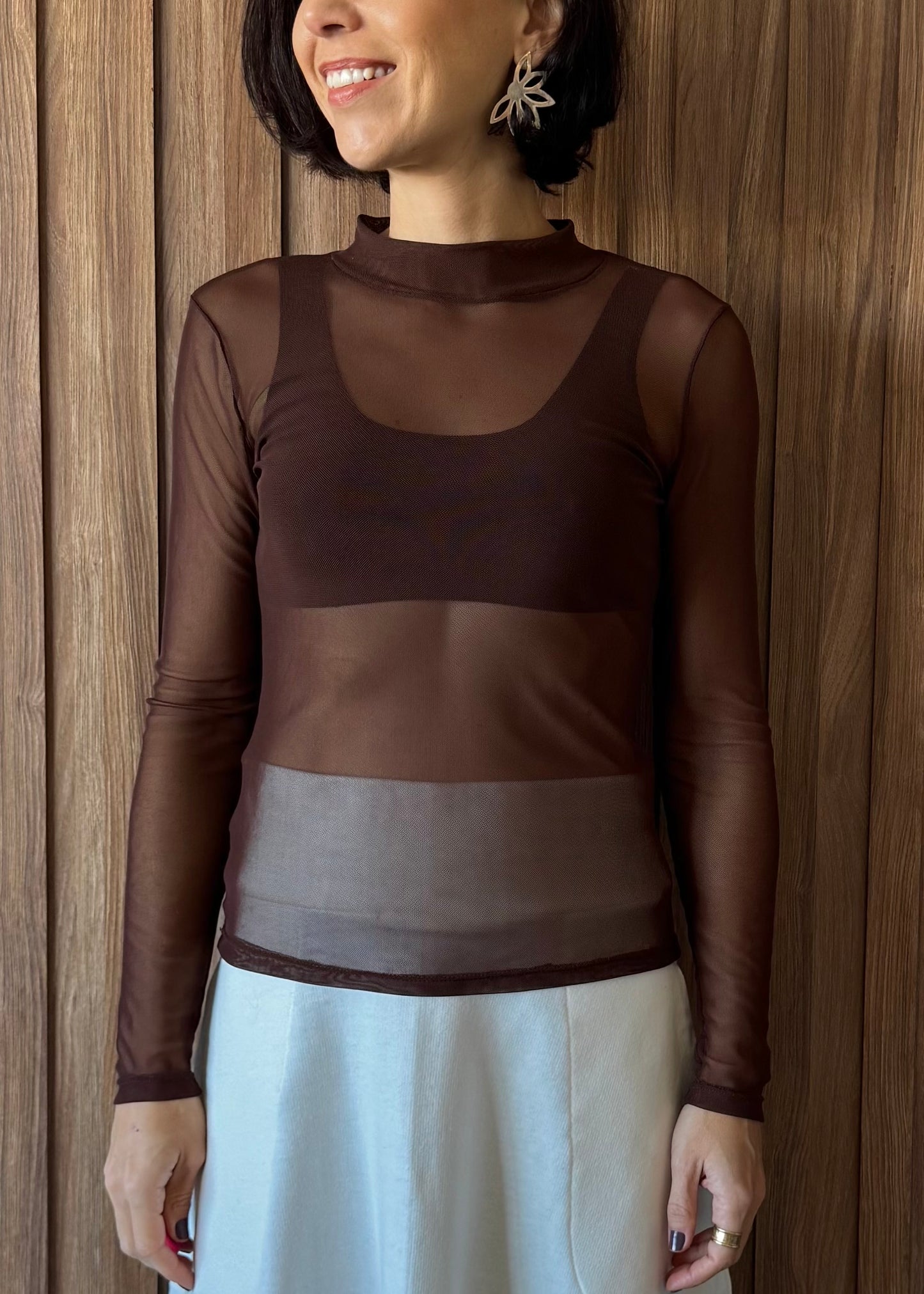 Blusa Manga Longa em Tule Marrom
