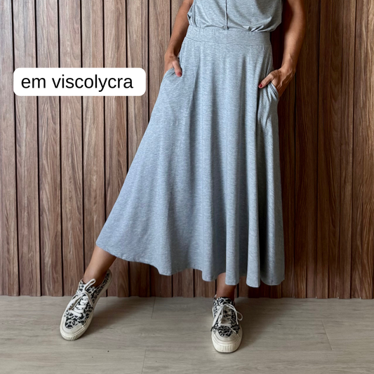 Saia Rodada em Viscolycra com bolsos (Cinza Mescla)
