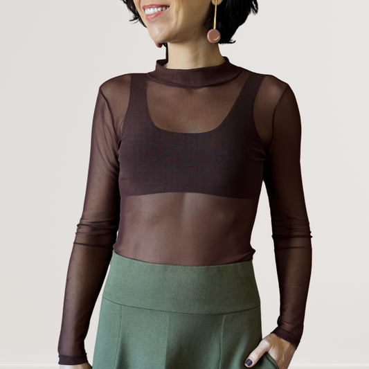 Blusa Manga Longa em Tule Marrom