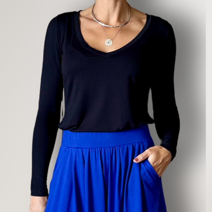 Blusa Manga Longa Decote V - Preta