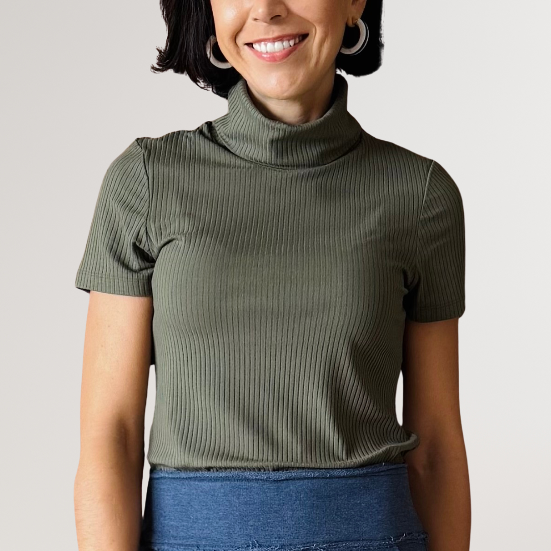 Gola Alta Canelada Manga Curta Verde Musgo