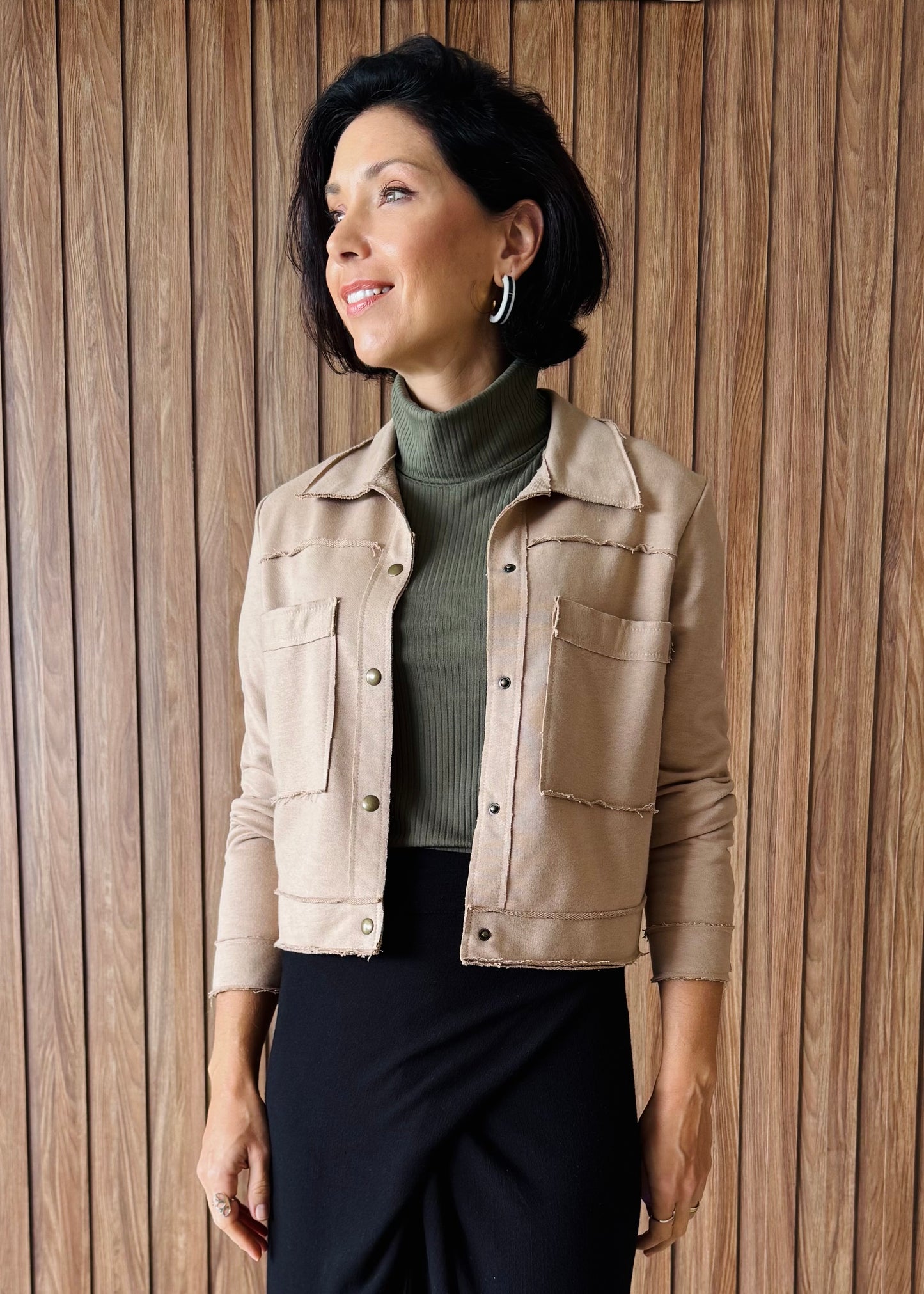 Gola Alta Canelada Manga Curta Verde Musgo