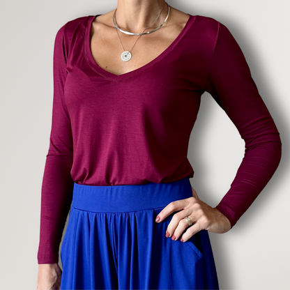Blusa Manga Longa Decote V - Vinho