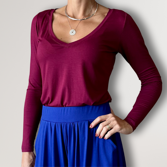 Blusa Manga Longa Decote V - Vinho