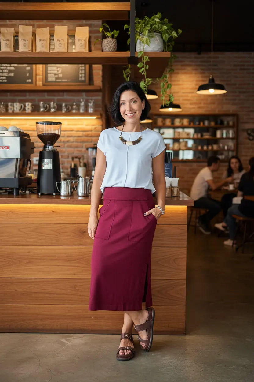 Saia Reta Moletinho com elastano (Vinho) - Maira da Mai Style