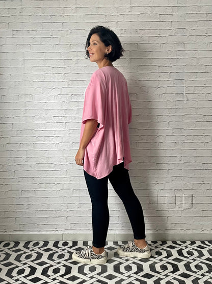 Kimono em Viscolinho Rosa Flamingo