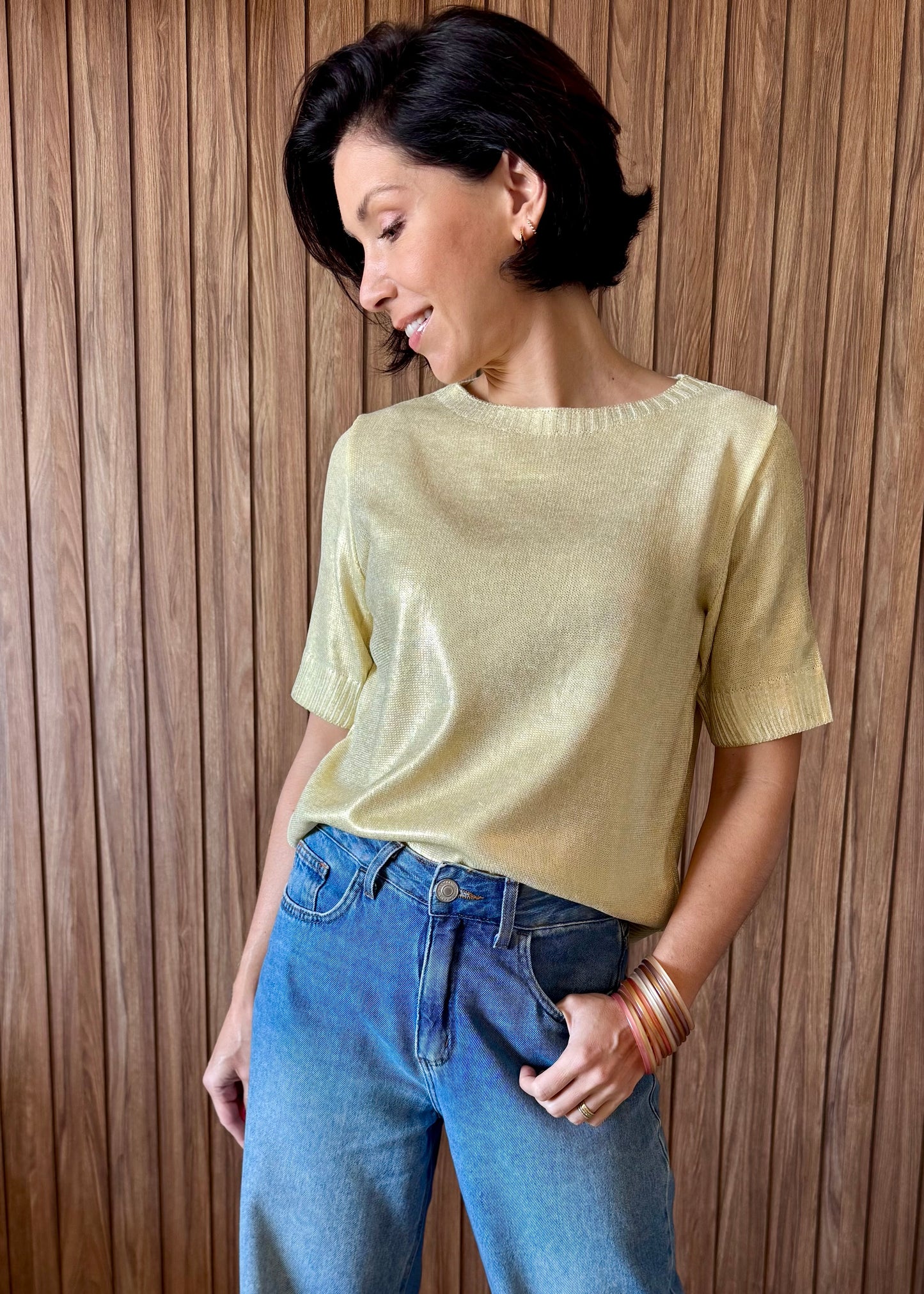 Camiseta Tricot Metalizado - Amarelo Candy