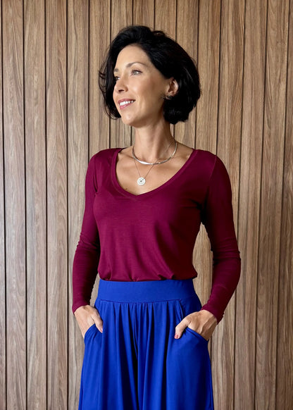 Blusa Manga Longa Decote V - Vinho 