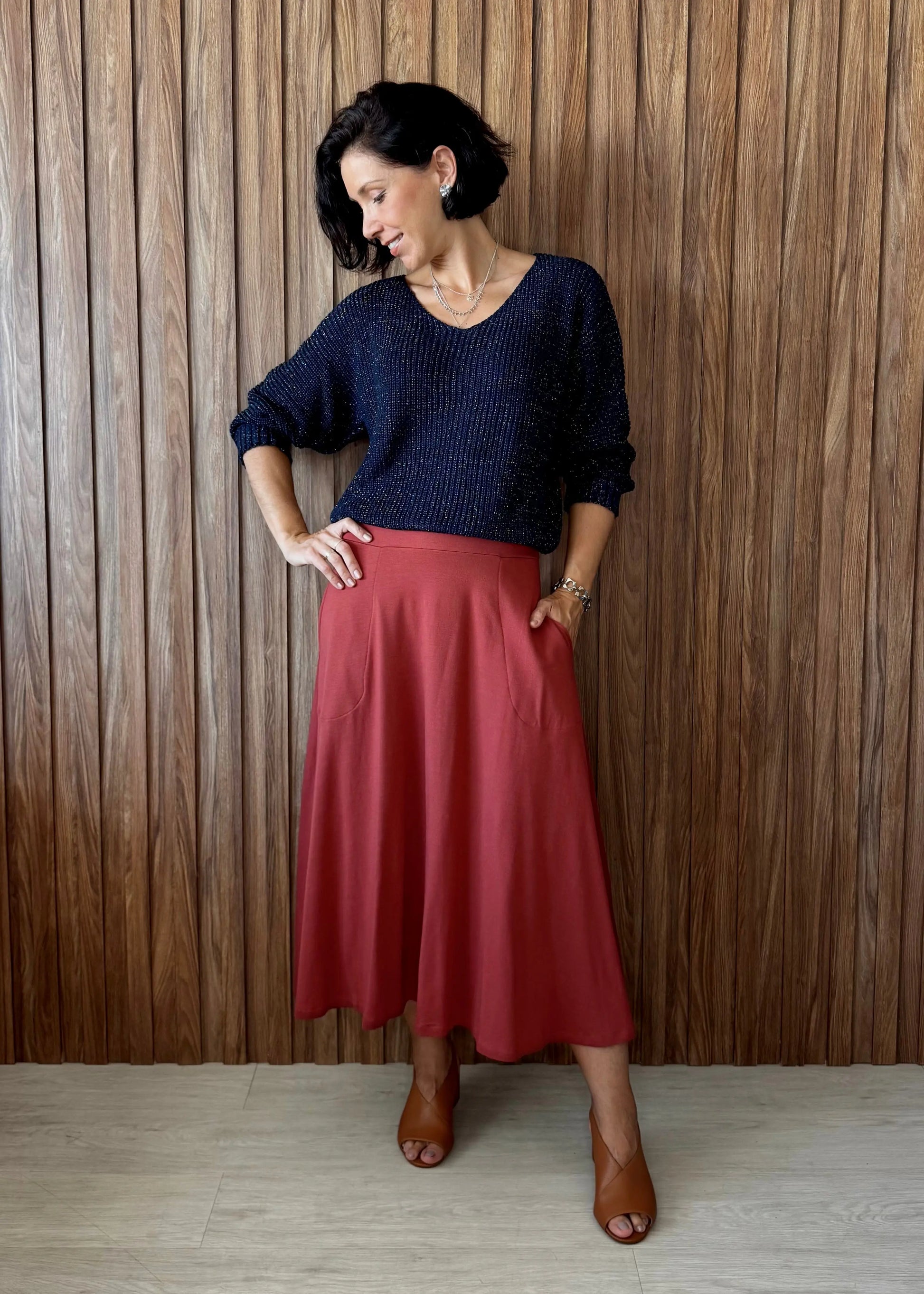 Blusa Tricô lurex manga morcego gola V - Marinho 