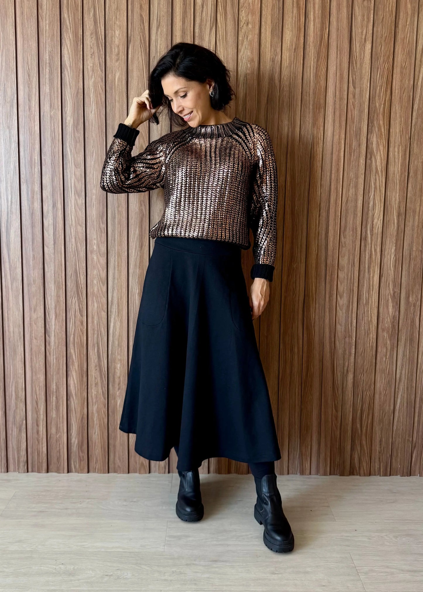 Blusa tricot metalizado ouro velho 