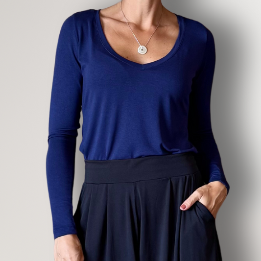 Blusa Manga Longa Decote V - Azul Marinho