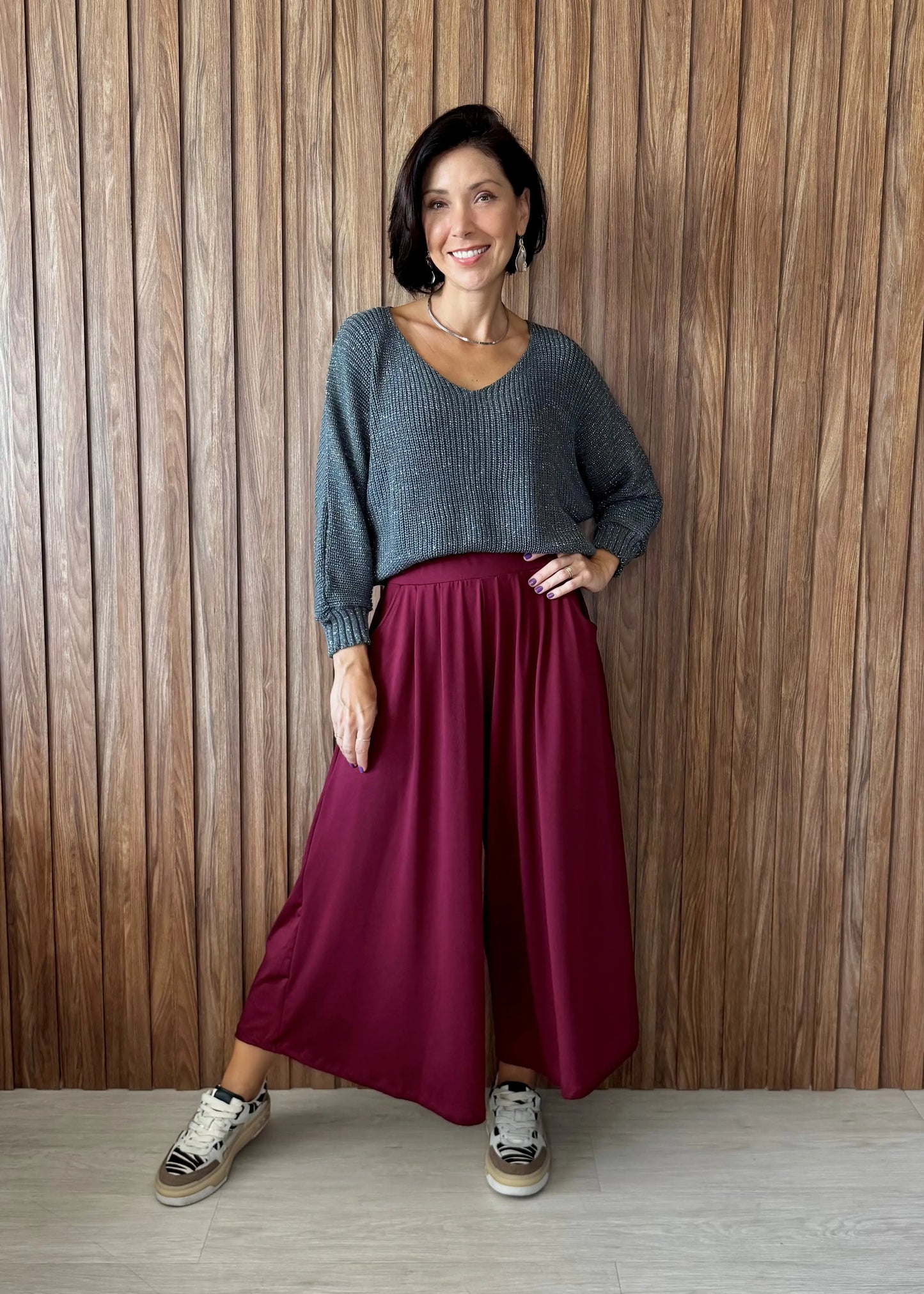 Calça Pantalona com bolsos em malha fria - marsala 