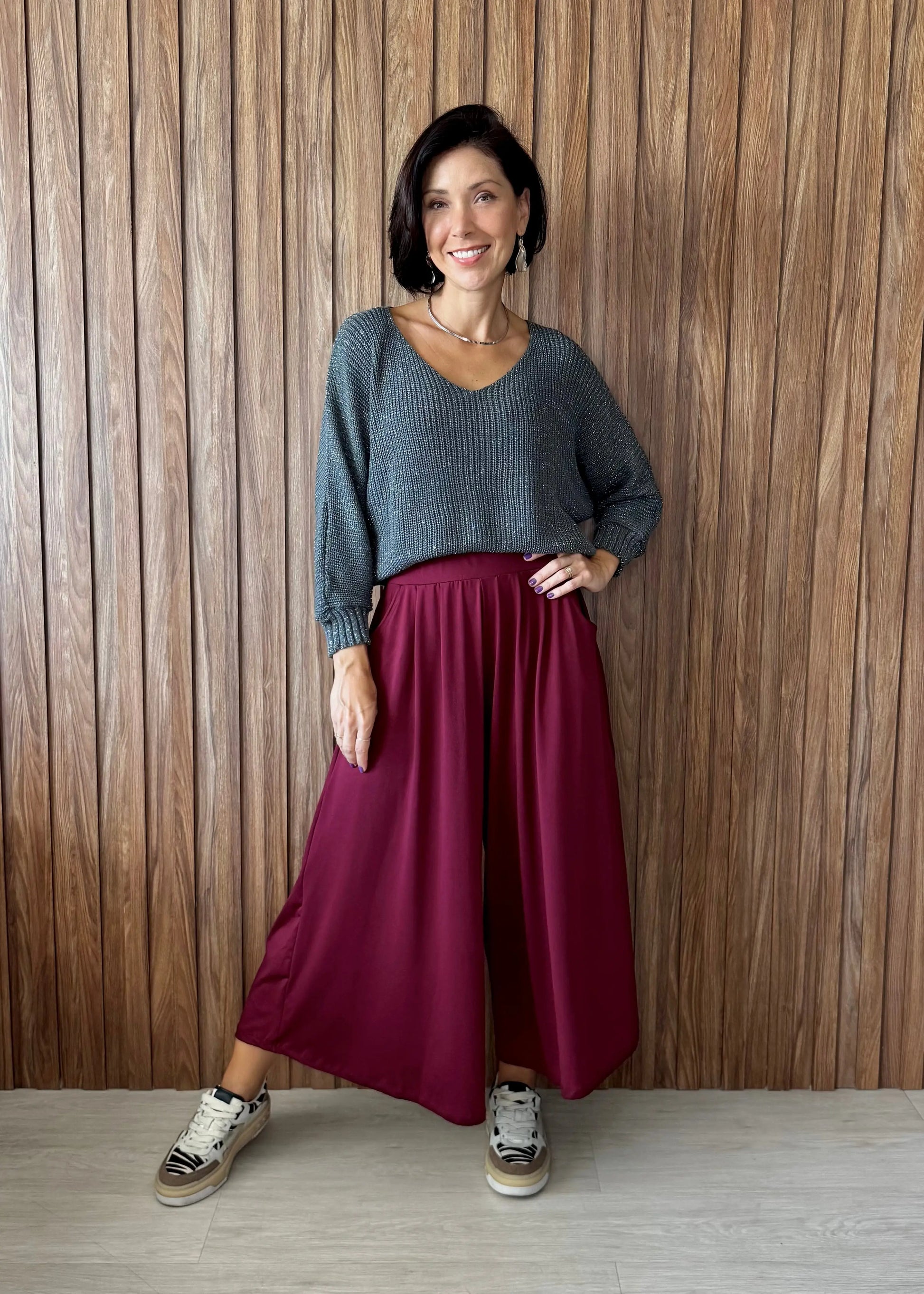 Calça Pantalona com bolsos em malha fria - marsala 
