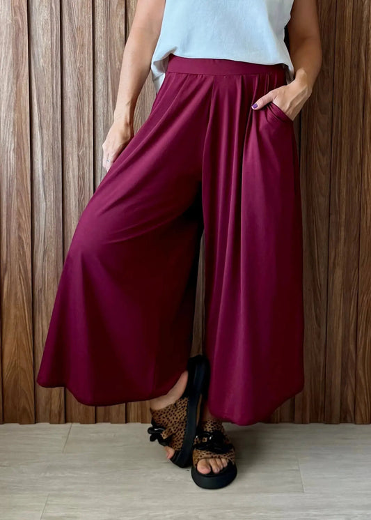 Calça Pantalona com bolsos em malha fria - marsala 