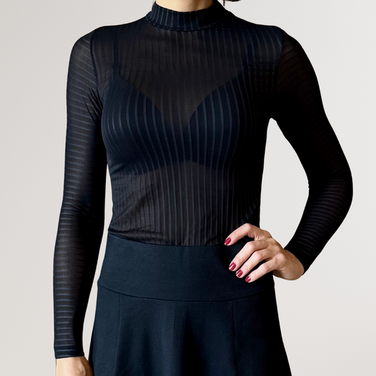 Blusa Manga Longa em Tule Listrada Preta