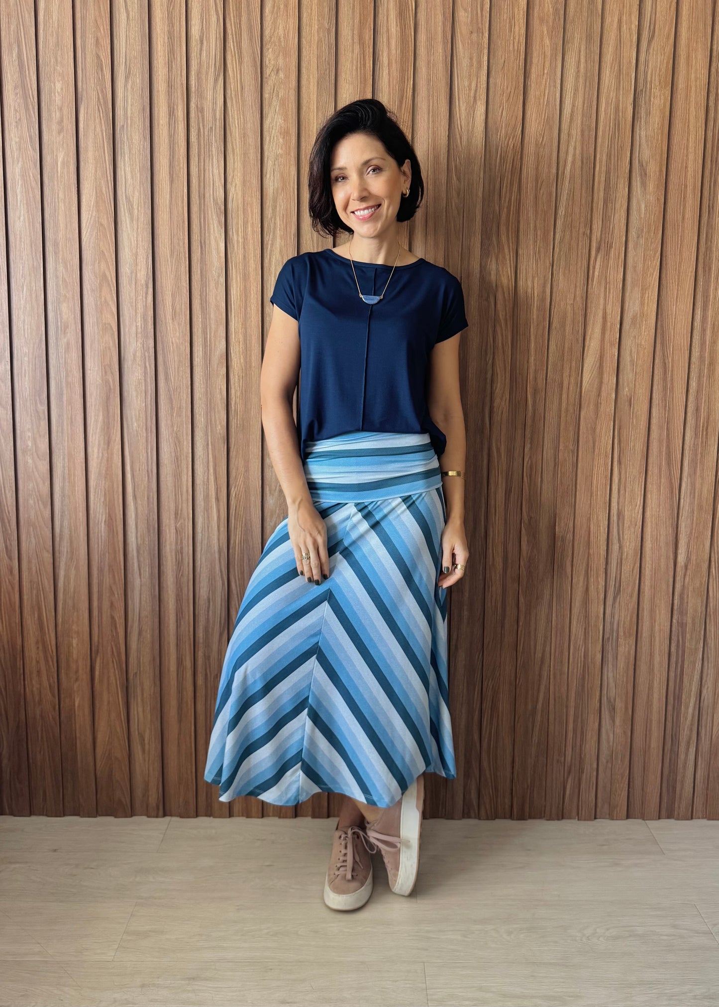 Saia cós dobrado listrada azul