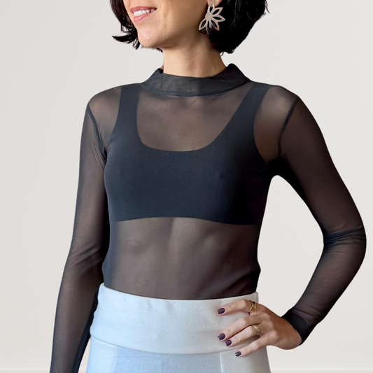Blusa Manga Longa em Tule Cinza