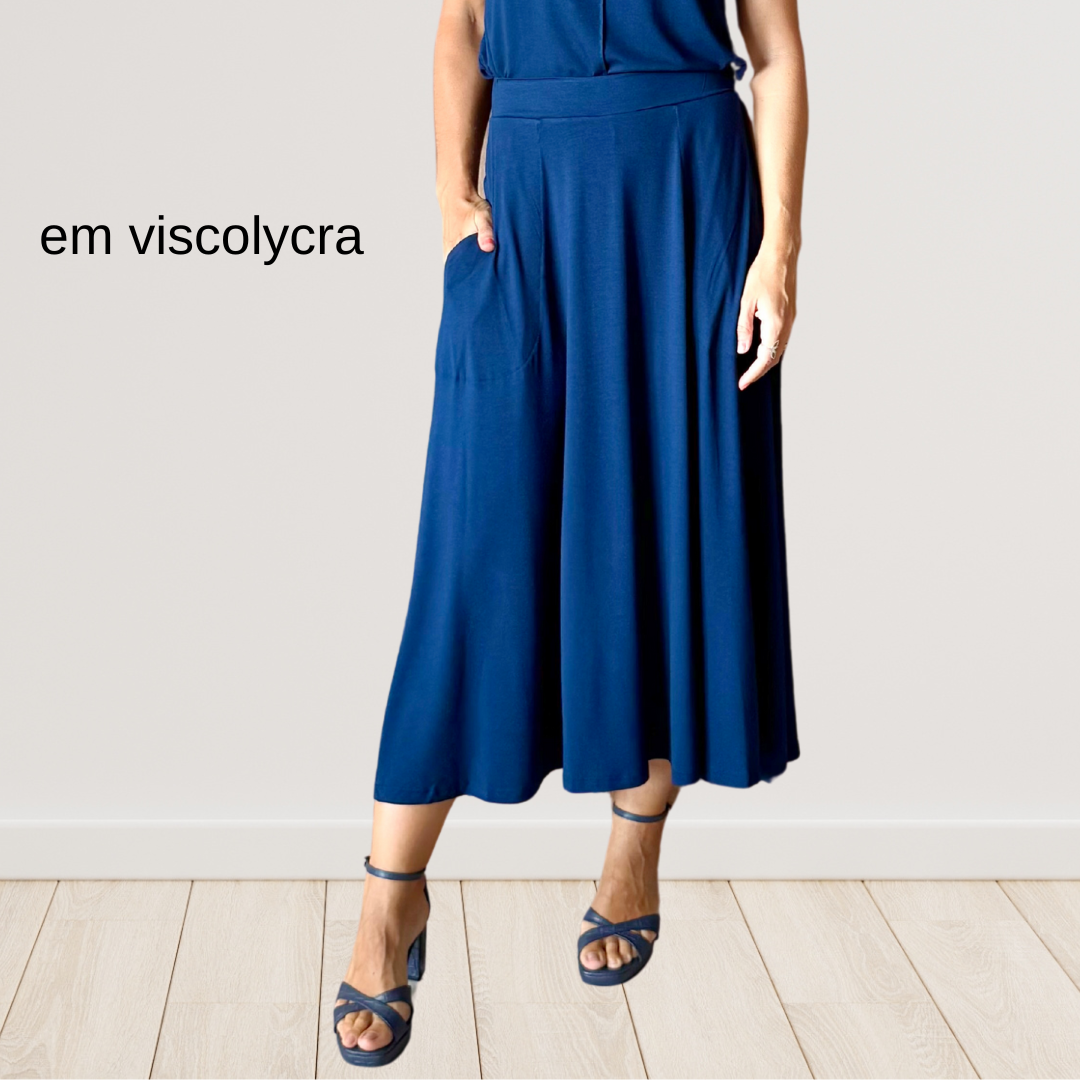 Saia Rodada em Viscolycra com bolsos (Azul Marinho)