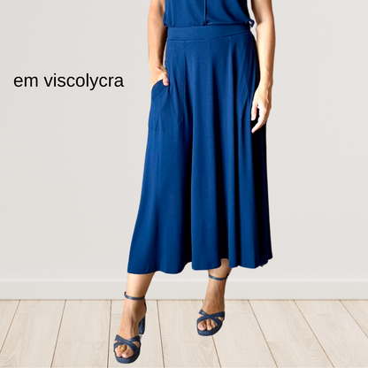 Saia Rodada em Viscolycra com bolsos (Azul Marinho)