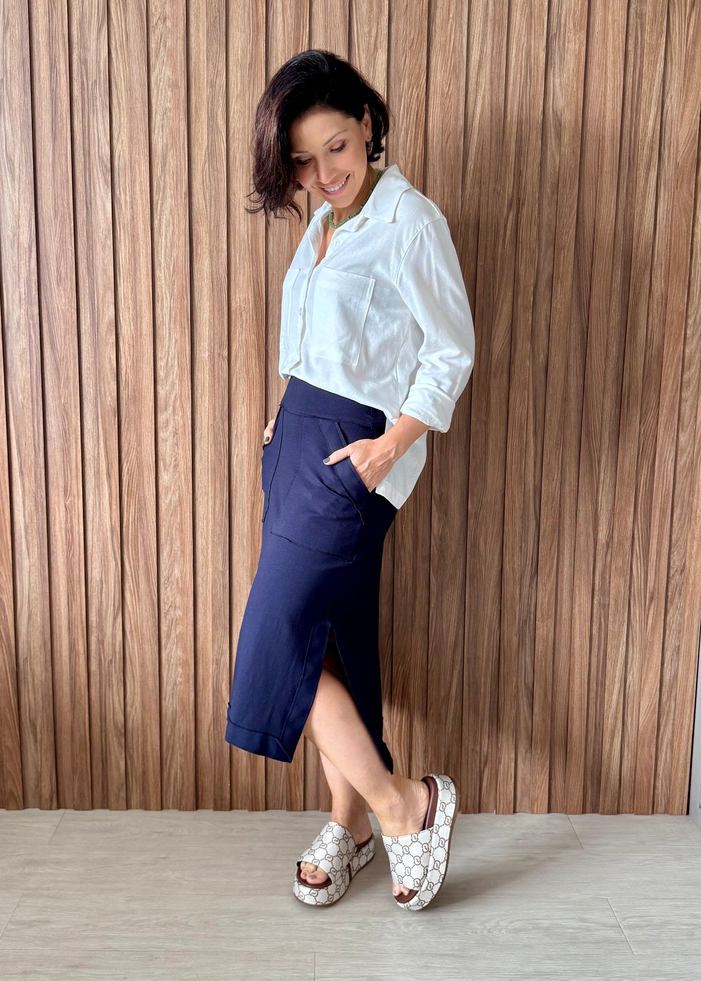 Saia Reta Moletinho com elastano (Azul Marinho)