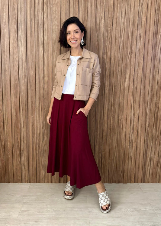 Jaqueta Caqui + Saia Viscolycra + Blusa Delicia Branca 