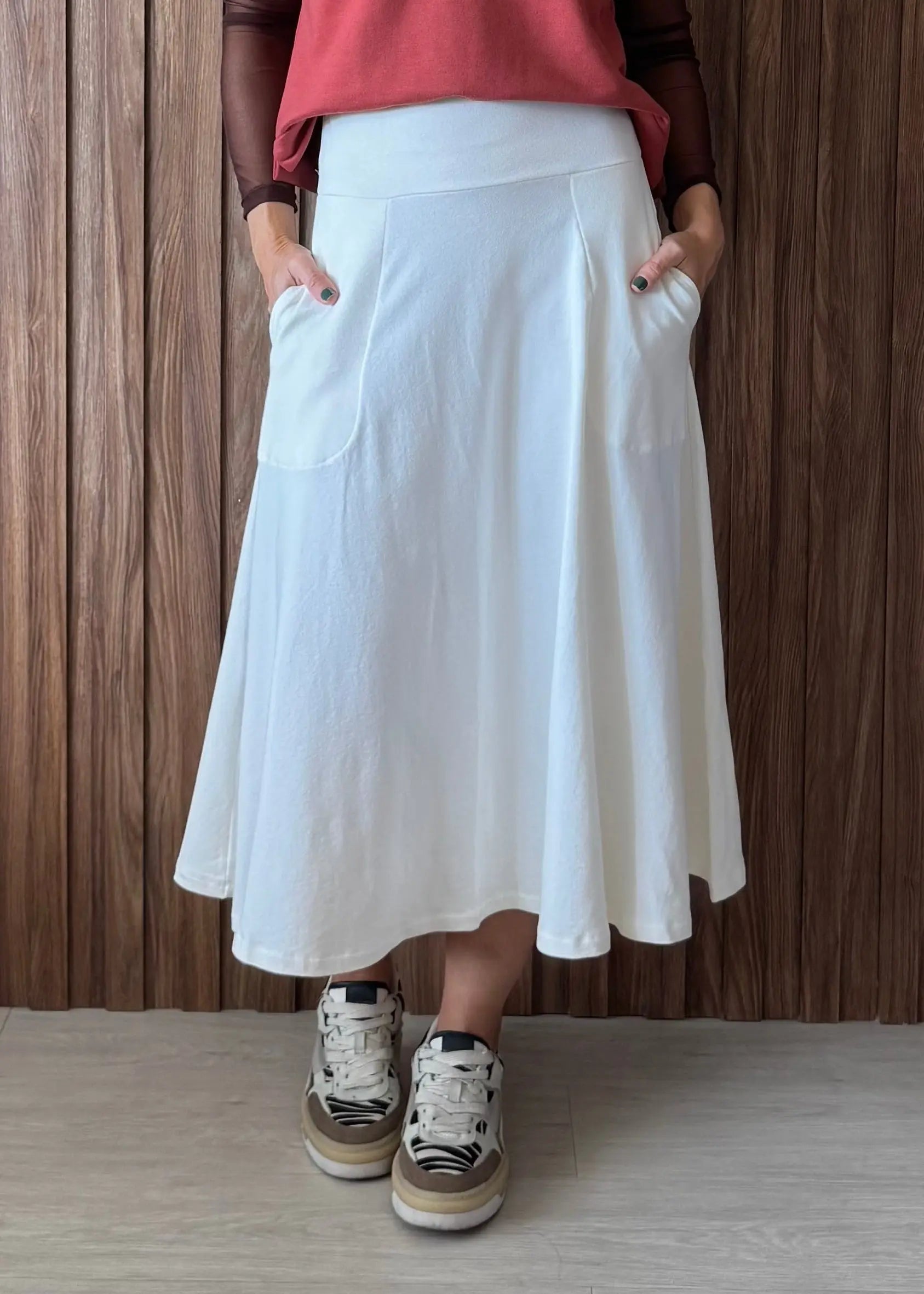 Saia Rodada com bolsos em Moletinho com Elastano - Off White