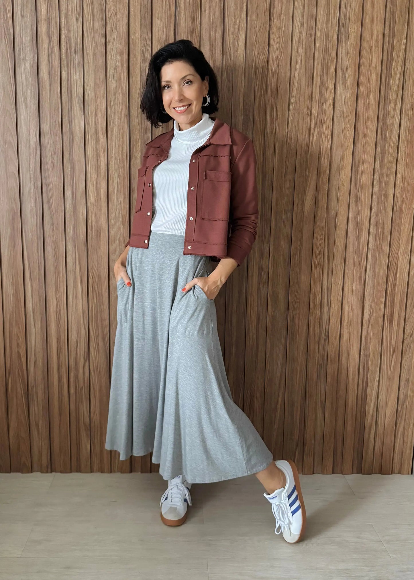 Saia Rodada em Viscolycra com bolsos (Cinza Mescla) - Maira da Mai Style
