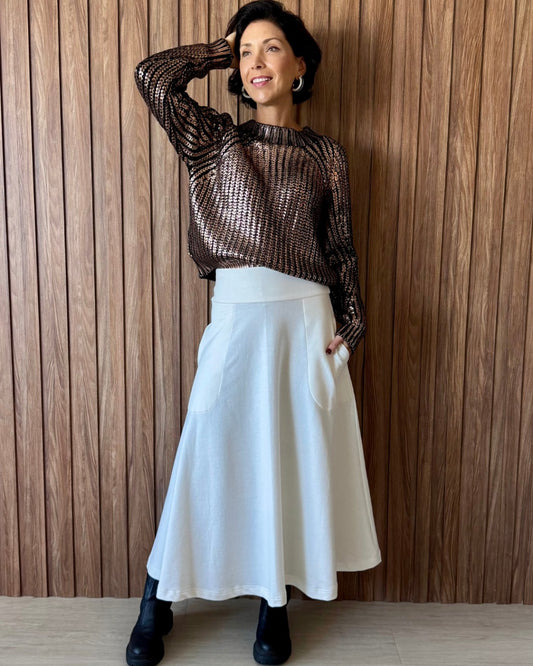 Blusa Metalizada Ouro Velho + Saia rodada off white