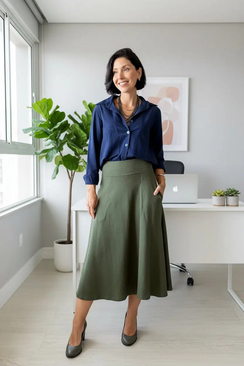 Saia Rodada com bolsos em Moletinho com Elastano (Verde Militar) - Maira da Mai Style