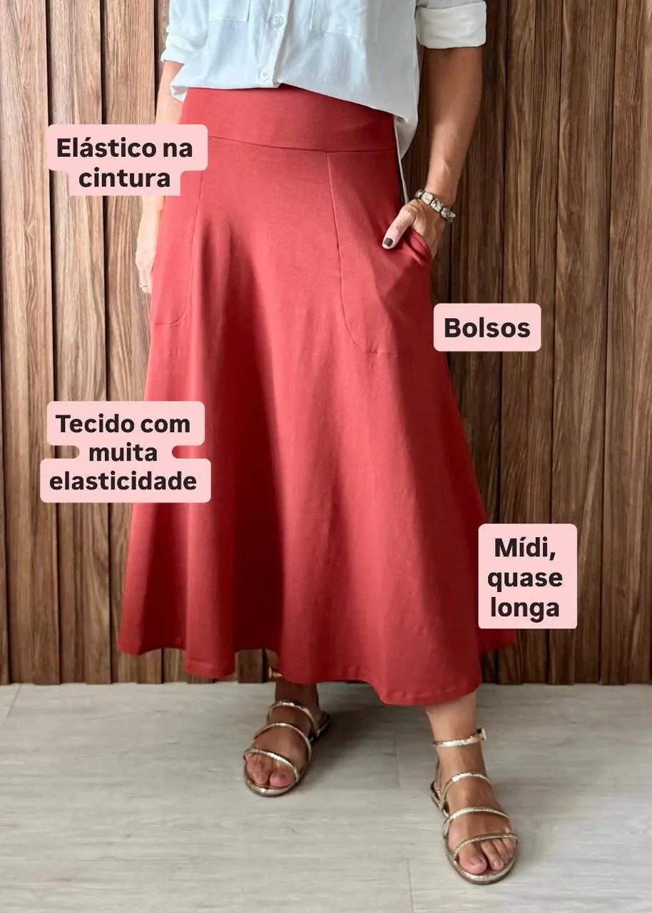 Saia Rodada com bolsos em Moletinho com Elastano (Terracota) - Maira da Mai Style